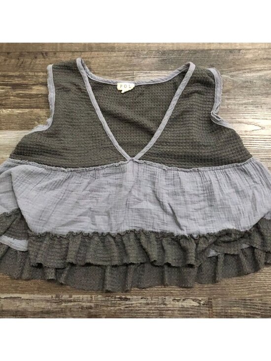 POL Tops - POL brand Waffle Knit Ruffle Babydoll Tank Top Medium Gray Womens